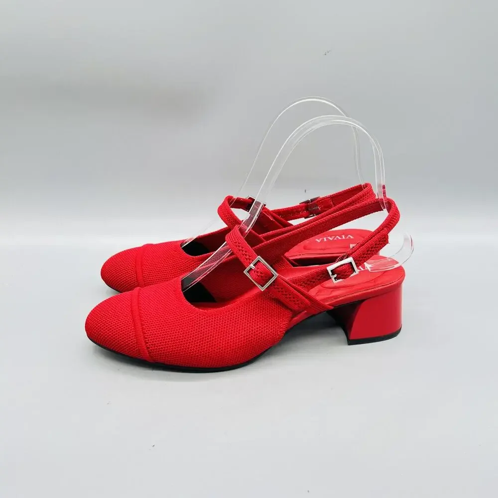VIVAIA Shoes Womens 6 Red Knit Slingback Block Heel Round Toe Pumps Comfort
